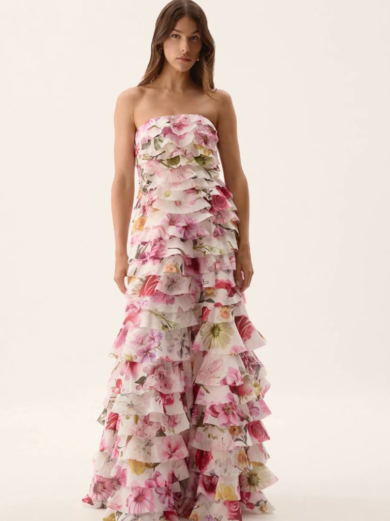 Aje Strapless Floral Ruffled Maxi Dress In White, Pink, Green